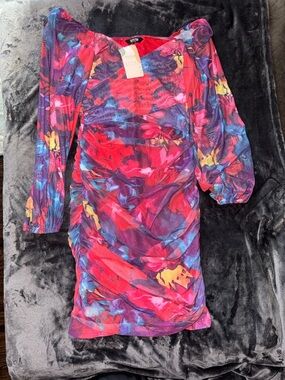 Rewind Vibrant Floral Ruched Mini Dress - Red, Purple, Blue